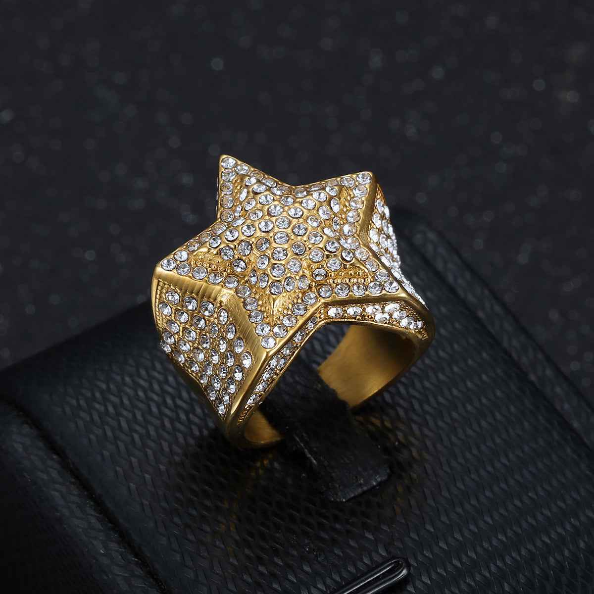 Men’s Hip Hop Five-Point Star Ring – Iced Out Rhinestone Stainless Steel Statement Ring