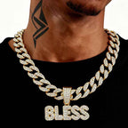Hip Hop “BLESS” Pendant Necklace – Full Rhinestone Alloy Letter with Cuban Chain