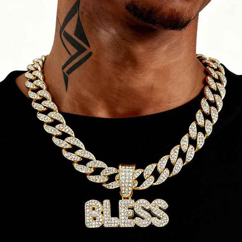 Hip Hop “BLESS” Pendant Necklace – Full Rhinestone Alloy Letter with Cuban Chain