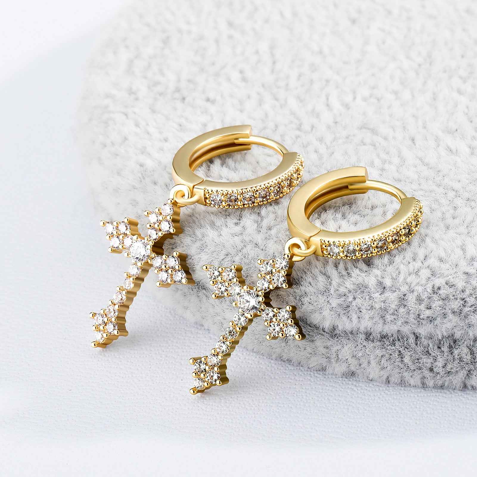 Cross Hoop Dangle Earrings – 14K Gold Plated 5A+ CZ Sterling Silver Drop Earrings for Men & Women