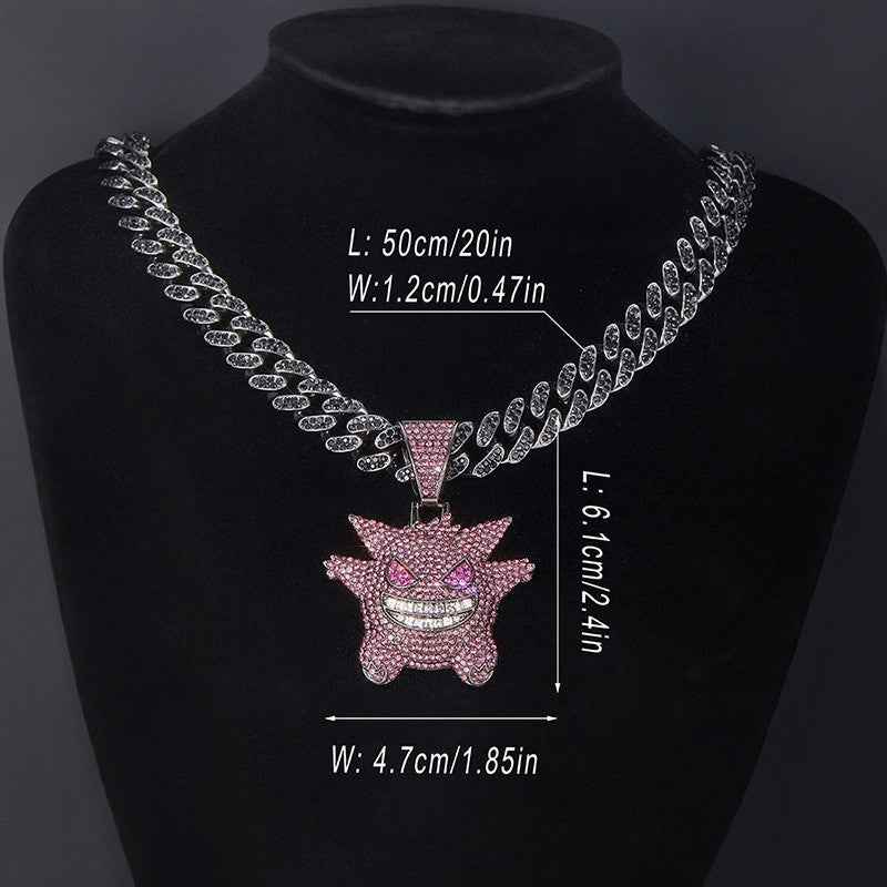 Hip Hop Gengar Pendant Necklace – Full Rhinestone Cuban Chain Streetwear Jewelry