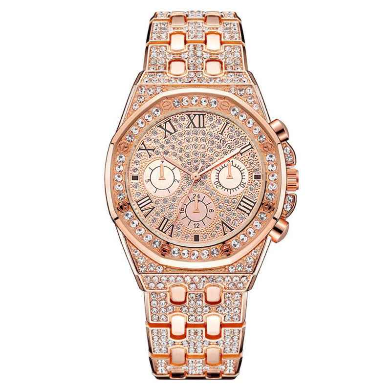Diamond Iced Out Watch – 40mm Gold Plated CZ Roman Numeral Quartz Watch for Men & Women