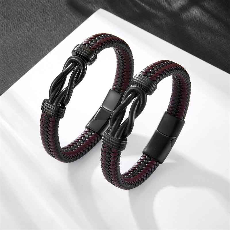 Men’s Braided Leather Bracelet with Titanium Steel – Vintage Hip Hop Style Wristband