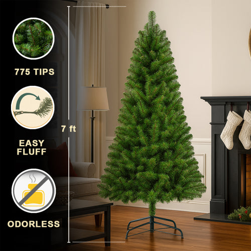 7-foot artificial Christmas tree in a living room setting with features highlighted.