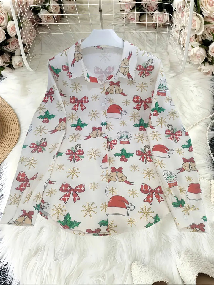 Christmas-themed shirt with patterns on a white background