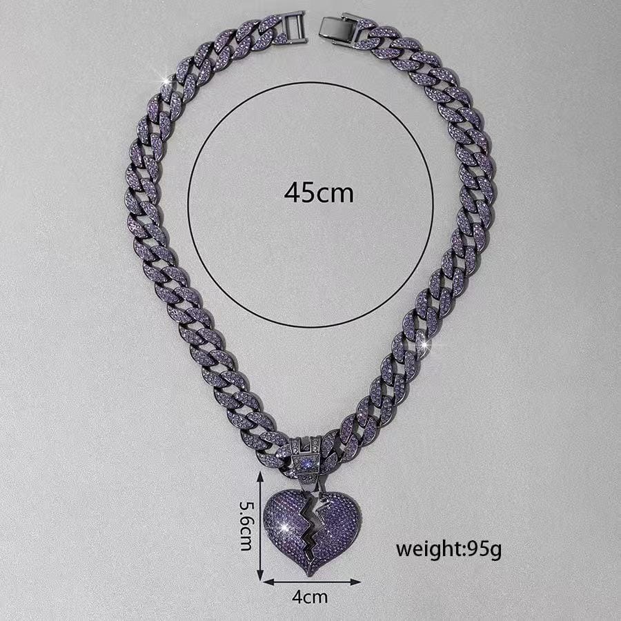 Purple heart diamond pendant necklace with 18-inch Cuban chain by Gardira, featuring a sparkling full diamond heart design.
