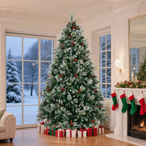 Decorated Christmas tree in a living room with stockings and presents.