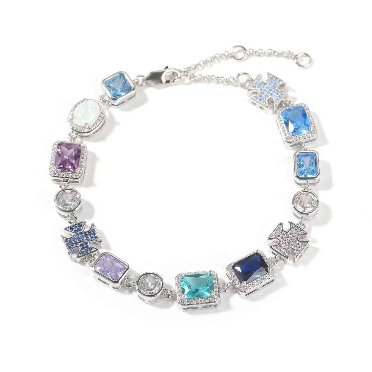 7-inch blue-toned geometric colored zirconia bracelet
