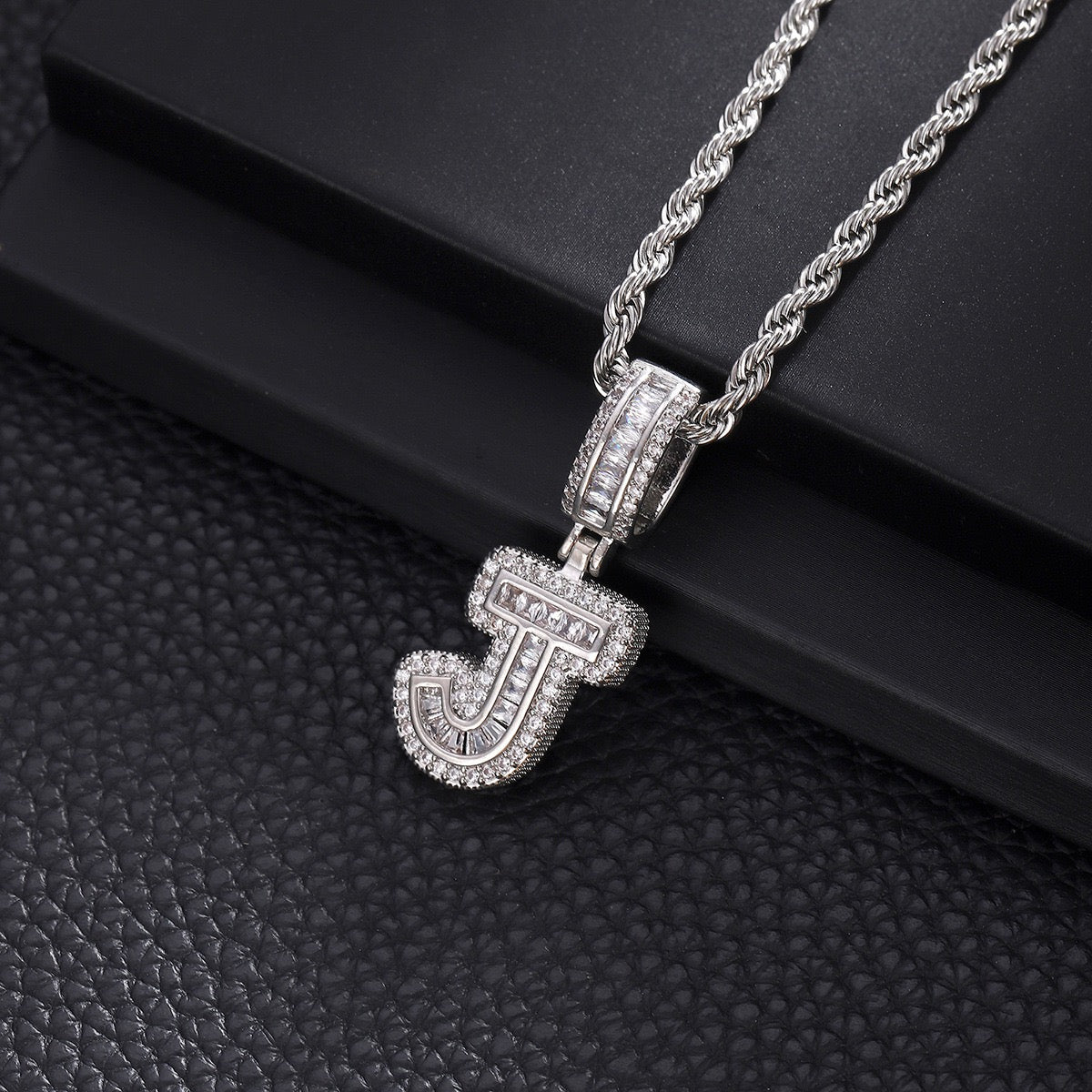 Custom iced out initial letter pendant necklace by Gardira featuring CZ diamonds, alphabet chain for men and women.