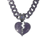 Purple heart full diamond pendant on 18-inch Cuban chain by Gardira, close-up of sparkling diamond heart necklace.