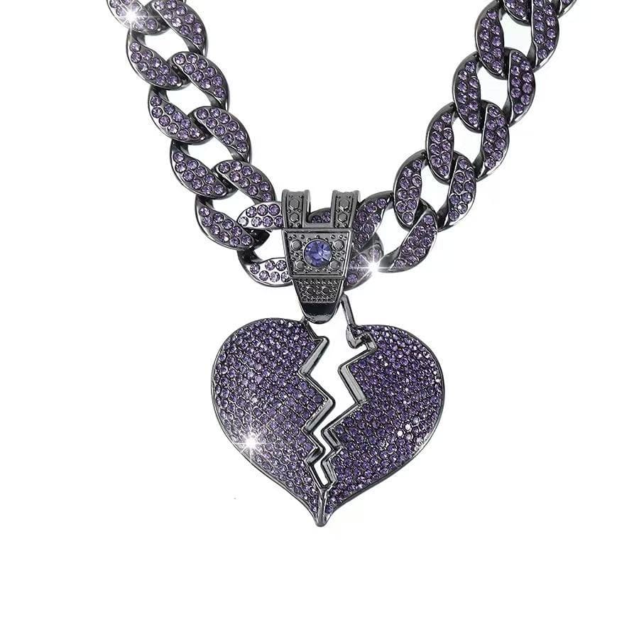 Purple heart full diamond pendant on 18-inch Cuban chain by Gardira, close-up of sparkling diamond heart necklace.