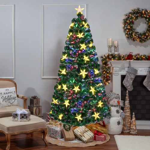 Decorated Christmas tree with colorful lights in a living room setting.