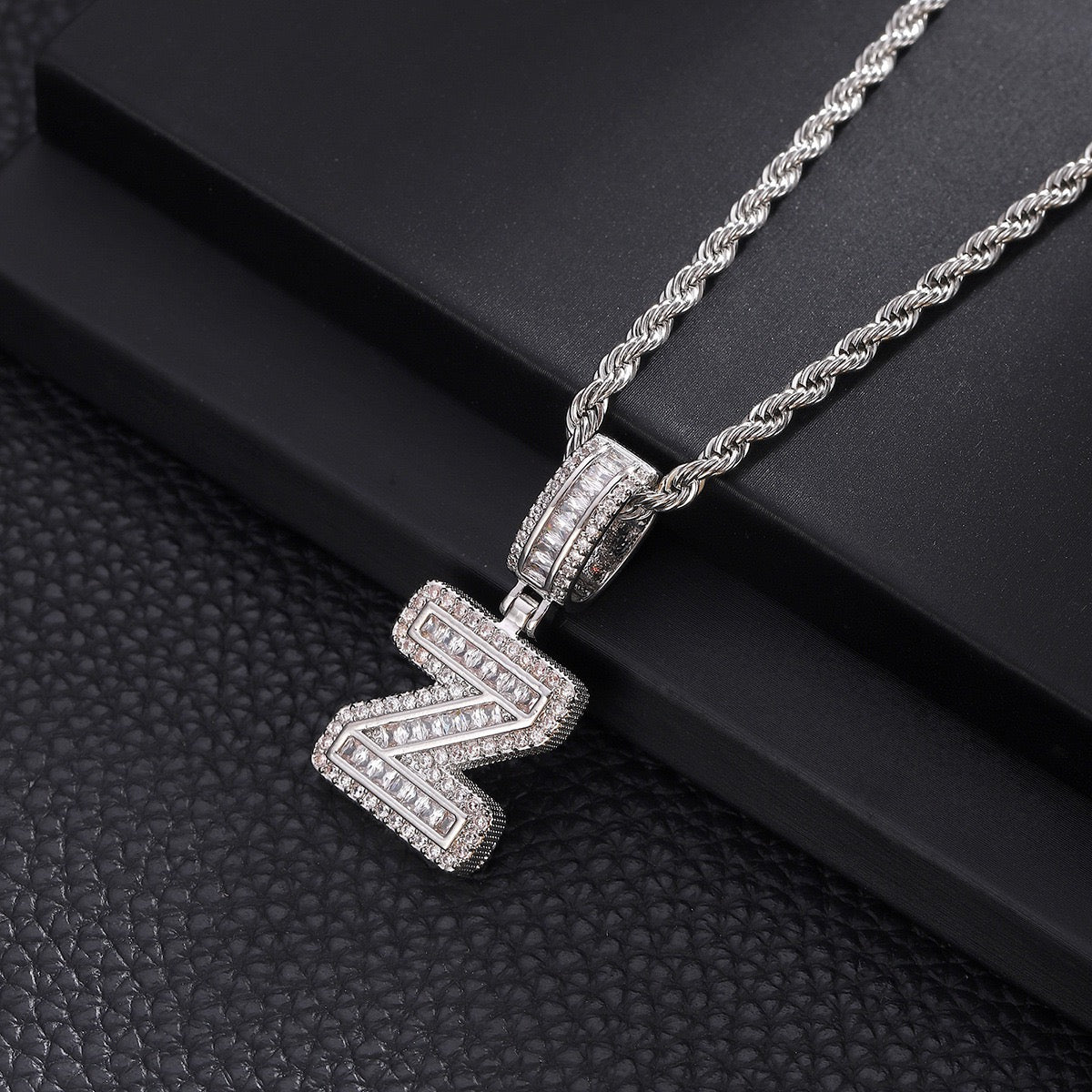 Gardira iced out initial letter pendant necklace with CZ diamonds, hip hop style chain for men and women.