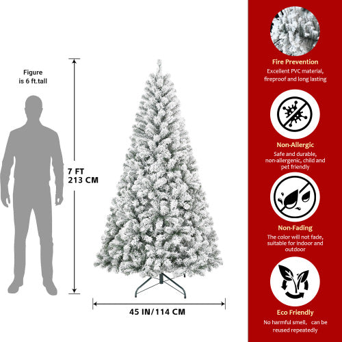 6-foot Christmas tree with height measurement, fire prevention, non-allergic, non-fading, and eco-friendly features on a white background.