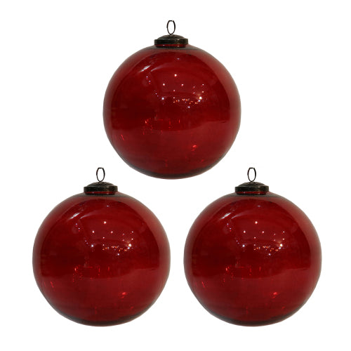 Three red glass ball christmas ornaments 