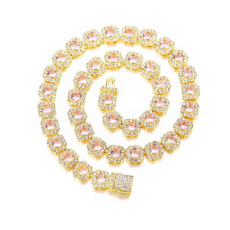 11mm Iced Out Square Rock Sugar Cuban Link Chain - Multicolor CZ Tennis Necklace for Men & Women Hip Hop Jewelry