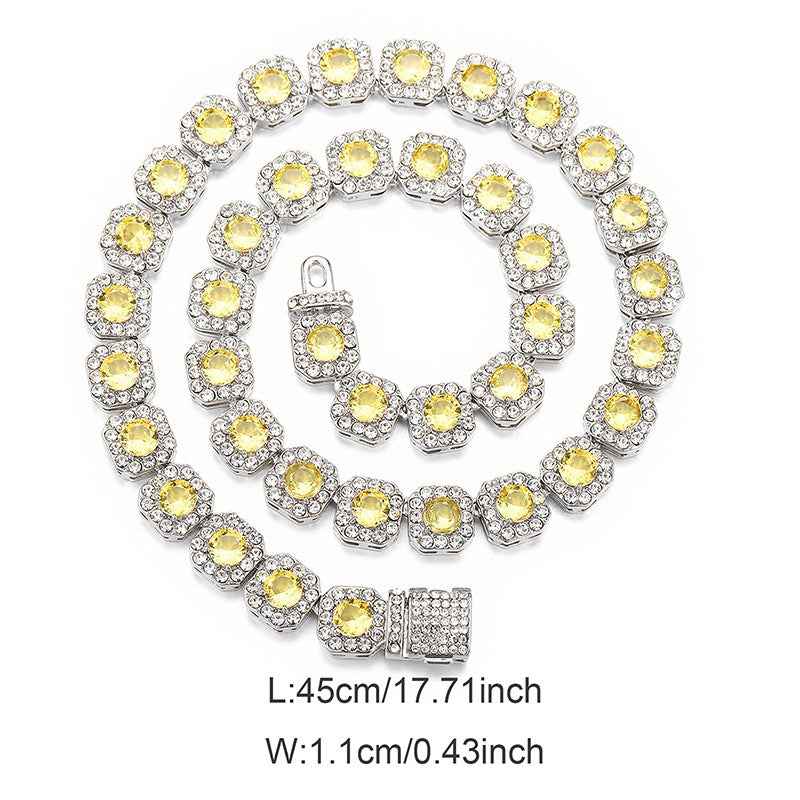 11mm Iced Out Square Rock Sugar Cuban Link Chain - Multicolor CZ Tennis Necklace for Men & Women Hip Hop Jewelry