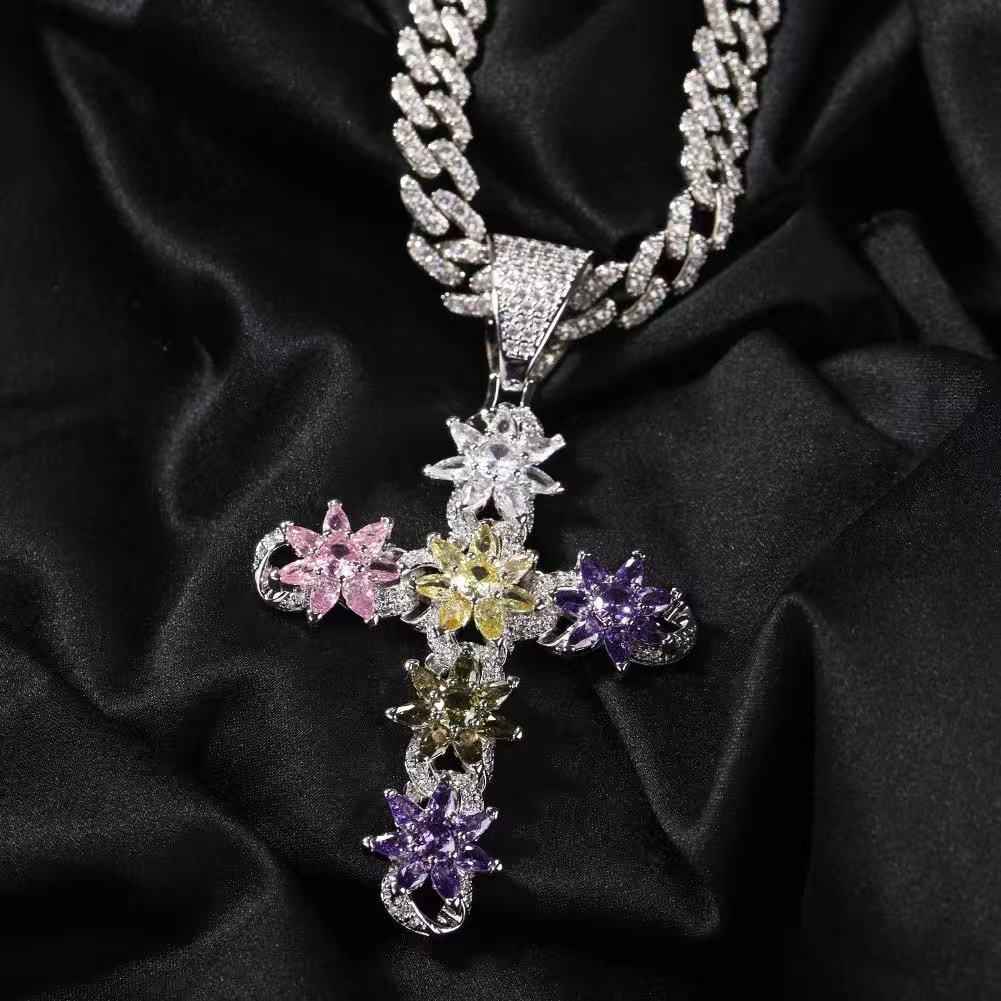 3mm 24-inch color ice flower cross zircon pendant necklace