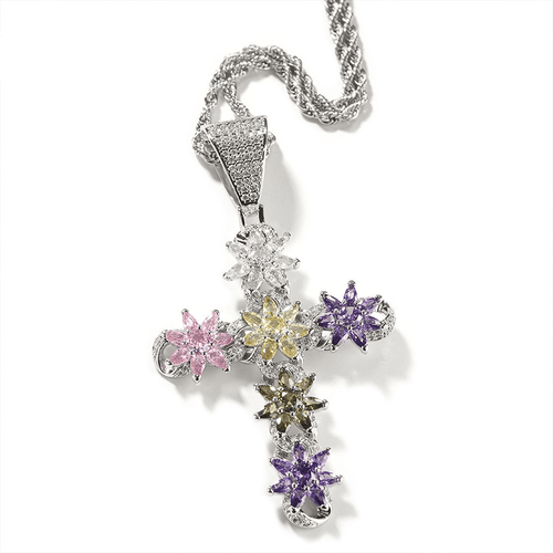3mm 24-inch color ice flower cross zircon pendant necklace