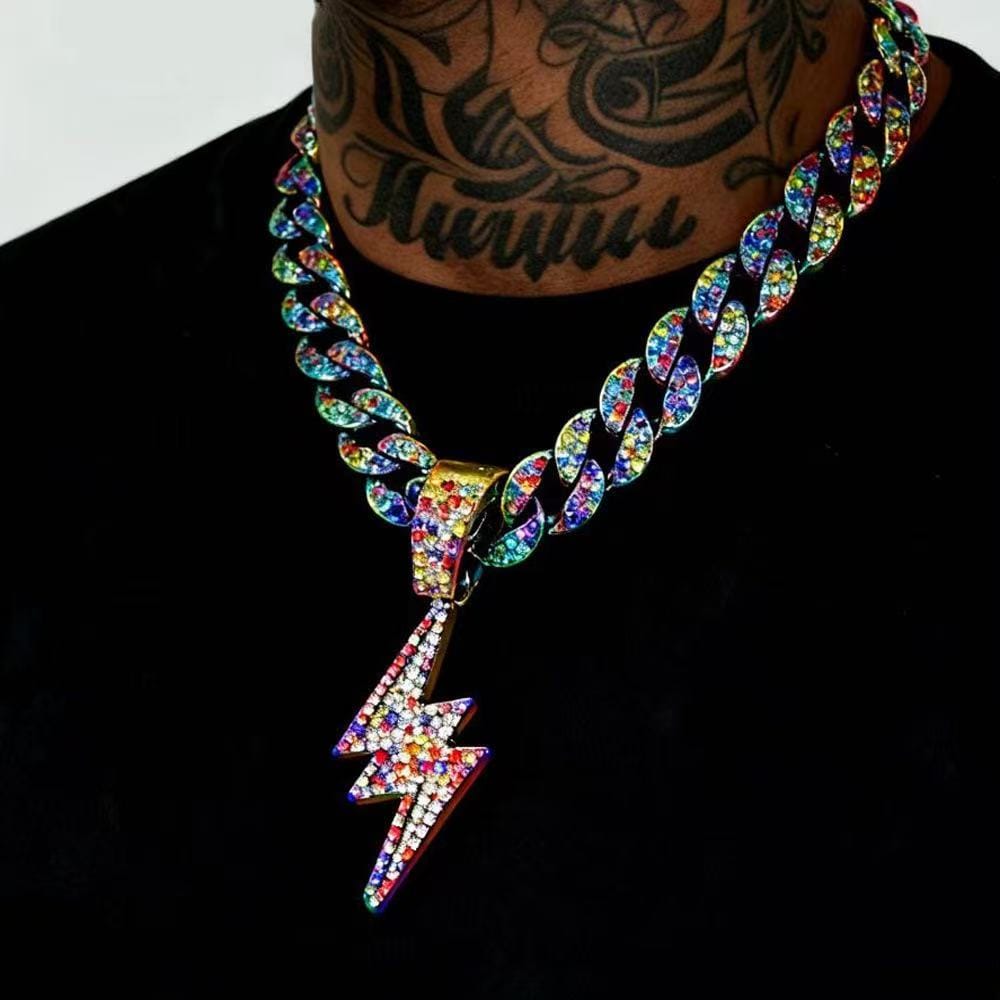 Rainbow lightning pendant necklace with diamond accents, 18 inches long, by Gardira, featuring a colorful, metallic lightning bolt design.