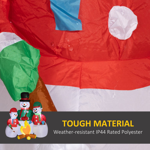 Red inflatable chair with green and blue accents, featuring weather-resistant material text.